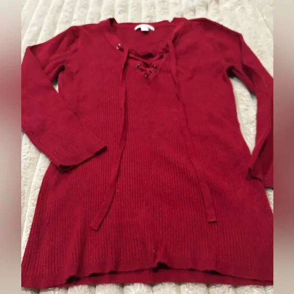 Lace-Up Ribbed Knit Sweater Tunic - Red New York & co - Picture 3 of 4